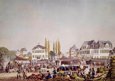 Keiser Napoleon I (1769-1821) anmelder troppene i Frankfurt. Gravering fra 1813. Frankfurt, Historisk museum av Unknown artist