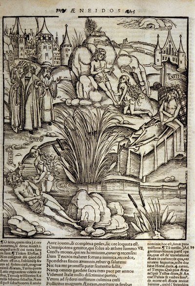 Eneide de Virgil (70 f.Kr.-19 f.Kr.), bok XII, den trojanske helten Enee blir mirakuløst behandlet av Venus, han bestemte seg da for å storme byen Latinus. Kongen av Lazio dør (til høyre) og det er Enee som skal bli kongen som marger datteren til avdøde La av Unknown artist