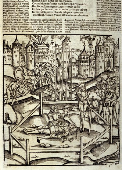 Eneide de Virgil (70 f.Kr.-19 f.Kr.), bok XII, de trojanske heltene Enee dreper i et Turnus-slag under øynene til latinerne og rutulene. Xylografi av Sebastian Brant (1458-1521). Strasbourg av Unknown artist