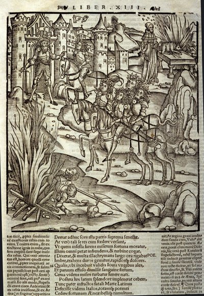 Eneide de Virgil (70 f.Kr.-19 f.Kr.), bok XIII (supplementum), de trojanske heltene Enee mottar latinerne, ofre blir gjort til ære for krigens ofre. Xylografi av Sebastian Brant (1458-1521). Strasbourg av Unknown artist
