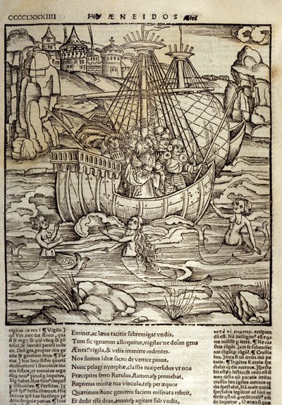 Eneide de Virgil (70 f.Kr.-19 f.Kr.), de trojanske heltene Enee og hans følgesvenner krysser et hav fullt av sirene. Xylografi av Sebastian Brant (1458-1521). Strasbourg av Unknown artist