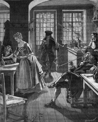 England, late 17th century: men smoking in a cafe. Engraving of the 19th century. In “Histoire de France” by Jules Michelet av Unknown artist