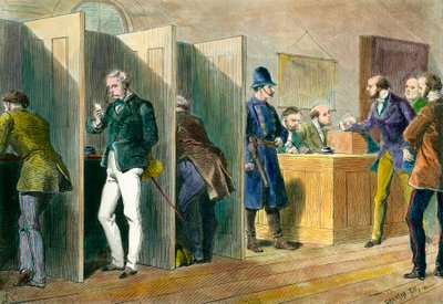 Engelsk demokrati: Inne i et valglokale under valg i England med representasjon av valglokalene. Gravering av 1800-tallet. Coll. Ute. av Unknown artist