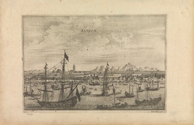 Gravering med tittelen «Kanton 1655», som er en kunstners fremstilling av Canton fra en båt i 1655 av Unknown artist