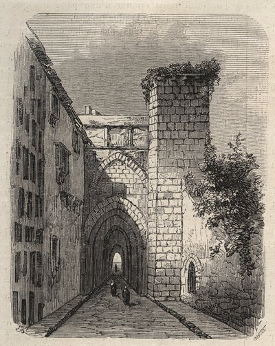 Inngangen til Arab Medrese (videregående skole) i Jerusalem hvor Mesha-stelen til templet ble gravlagt - gravering i "The Illustrious World"" fra januar 1873 av Unknown artist