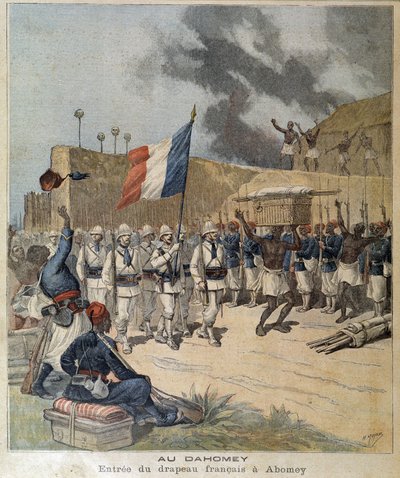 Inngang til det franske flagget ved Abomey (Dahomey = Benin i dag) - couv. "The Little Journal"" av 10/12/1892. av Unknown artist