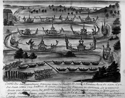 Inntreden av de franske ambassadørene i Siam-elven - i "" Voyages du kingdom de Siam, historique de 1688"". av Unknown artist