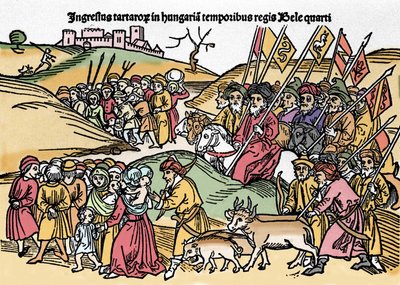 Tartarenes inntreden i Ungarn under styret av Bela IV (1235-1270) av Ungarn. Gravering fra "Chronica Hungariae"". Biblioteca Marciana, Venezia. av Unknown artist