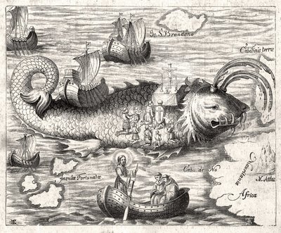 Episode av Legenden om Saint Brandan (Brendan): en fantastisk reise for den irske abbeden på 600-tallet på jakt etter et jordisk paradis. Trykk fra 1621. av Unknown artist