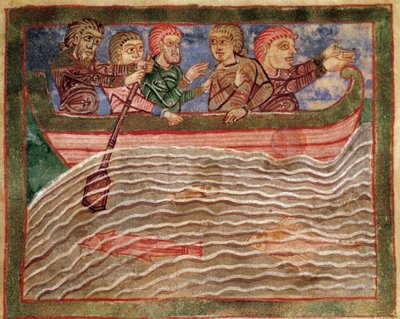 Episode av livet til Saint Radegonde (Radegundis) av Poitiers (519-587), kone til Clotaire I, kongen av frankene: Radegonde representert på en båt som reddet Florio (?) farvann. Miniatyr fra et manuskript fra 1000-tallet. Kommunale bibliotek i Poitiers. av Unknown artist