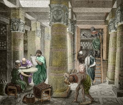 Eruditter i biblioteket i Alexandria, ødelagt i 642, Egypt) (Utsikt over biblioteket i Alexandria, Egypt) 1800-tallet (gravering) av Unknown artist