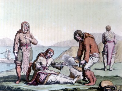 Eskimoer tenner bål ved å gni trebiter. av Unknown artist
