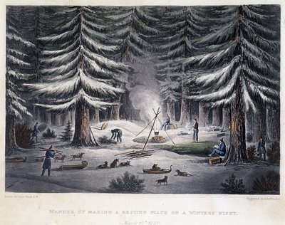 Etablering av en leir i løpet av en vinternatt - i "" Fortelling om en reise til kysten av Polarhavet i årene 1819-1821", av John Franklin, red. London av Unknown artist