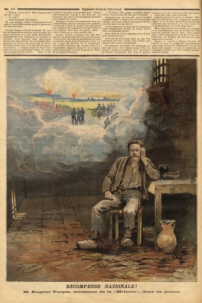 Eugene Turpin (1848-1927) kjemiker, oppfinner i 1884 av melinitt (et eksplosiv), i sin celle, anklaget (feilaktig) for å ha solgt oppfinnelsen sin til fienden. Han inspirerer Jules Verne for karakteren til Thomas Roch i romanen "Face au drapeau"". Graverin av Unknown artist
