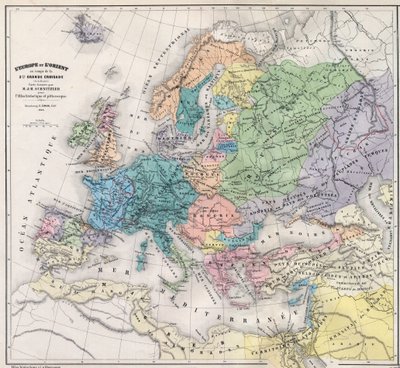 Europa og Orienten på tidspunktet for det 3. store korstoget på slutten av 1200-tallet - Kart utarbeidet av M J-H Schnitzler, Historical and Picturesque Atlas 1858 av Unknown artist