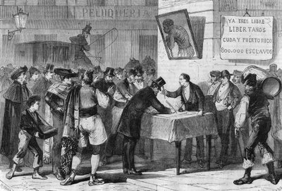 Hendelser i Spania i 1885: offentlig abonnement på Madrid for kjøp av slaver fra Cuba og Puerto Rico. av Unknown artist
