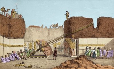Utgravninger av Nineve (Nineveh) - Ruinene av Nimrud (Nimroud) av Henri Layard (etter hans reise til Mesopotamia på 1800-tallet); erstatning av den store oksevingen -Forsendelsen av en bevinget okse fra Nimrud, under utgravningene til Sir Austen Henry av Unknown artist