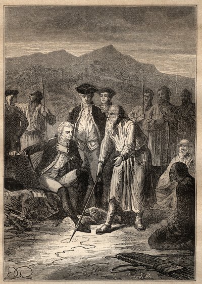 Expedition Around the World (1785-1788) av Jean Francois Galaup de La Perouse (1741-1788): sjømennene går i land på Saghalian-øya (Sakhaline) møter en gammel mann som tegnet dem et kart over Tartaria - illustrasjon hentet fra "The Great Sjøfarere fra det 1 av Unknown artist
