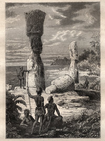 Ekspedisjon rundt om i verden (1785-1788) av Jean Francois Galaup de La Perouse (1741-1788): urbefolkningen på Påskeøya ser på monumentale statuer (Moai) - illustrasjon hentet fra "The Great Mariners of the 18th century"" av Unknown artist