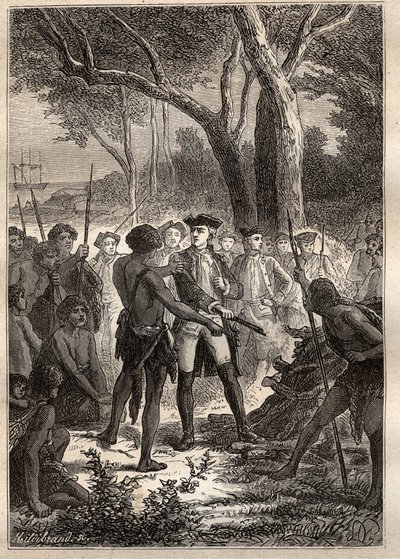 Ekspedisjon av Nicolas Thomas Marion-Dufresne (Marion Dufresne) (1729-1772): Marion gikk av barken i Frederick Henry Bay (Tasmania) og ble tilbudt en brandon antent av urbefolkningen - illustrasjon hentet fra "The Great Mariners of the 18th century" av Unknown artist
