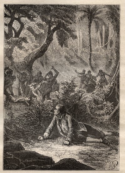 Expedition by Nicolas Thomas Marion-Dufresne (Marion Dufresne) (1729-1772): the only surviving sailor witness the massacre of all his comrades, including Marion, by the natives of Assassins Bay (Matuaro Island, New Zealand) - illustration taken from “The G av Unknown artist