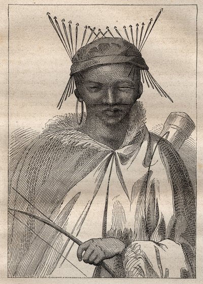 Ekspedisjon til det indre av landene i Sør-Afrika (1775) av Anders Sparrman (1748-1820): en boschiman (Bochiman eller San, urfolk i Sør-Afrika) - illustrasjon hentet fra "The Great Mariners of the 18th century"" av Unknown artist