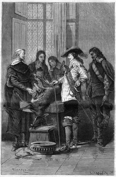 Experience of William Harvey (1578-1657), English doctor showing Charles I Stuart (1600-1649) king of England and doctors of the Royal College of London the phenomene of blood circulation on a living doe. Engraving in “” La Nature”” av Unknown artist