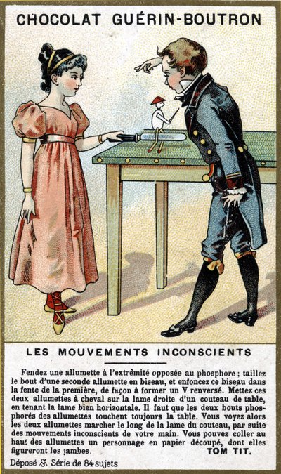 Erfaring av to barn med fyrstikker og kniv. Kromolitografi av sjokoladeemballasje Guérin Boutron. av Unknown artist