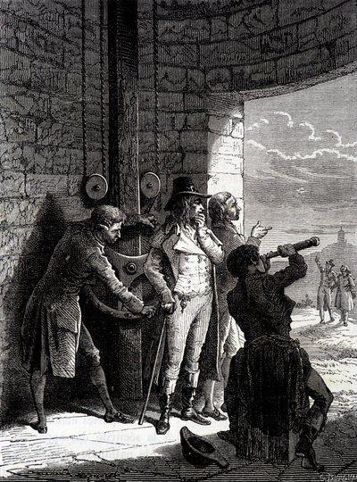 Eksperiment med Chappe-telegrafen gjort 12. juli 1793, fra Ménilmontant til Saint-Martin-du-Tertre før konvensjonens kommissærer - i "" Industriens underverk"" av Louis Figuier av Unknown artist
