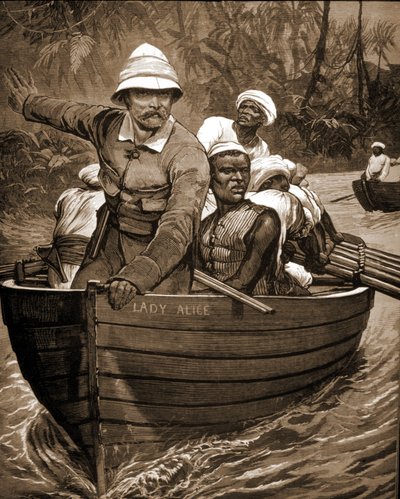 Utforskning av Sir Henry Morton Stanley (1841-1904), britisk oppdagelsesreisende, ombord på "Lady Alice". av Unknown artist