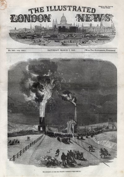 Eksplosjon ved Lund Hill-kullgruven (Lundhill) i Barnsley, England. En avis. Gravering i "" The Illustrated London News"" av 7. mars av Unknown artist