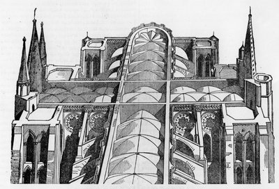 Eksteriør og øvre del av Cathedrale de Chartres (28) siden brannen 4. og 5. juni - i «Le magasin picturesque», juli 1836. av Unknown artist