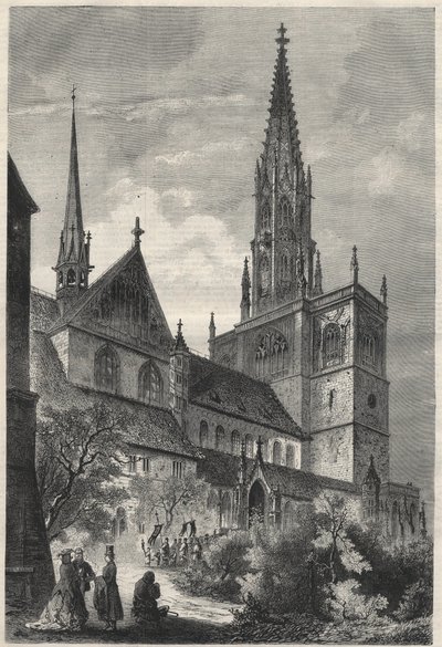 Utvendig utsikt over Notre Dame-katedralen i Constance, Tyskland. Gravering i "The Universe illustrious" av Unknown artist