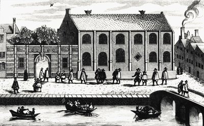 Utvendig visning av bygningen til University of Leiden grunnlagt i 1575 av Guillaume de Nassau. Gravering etter "" Illustrium Hollandiae, etc, Ordinum, Alma academia Leydensis"" av Unknown artist
