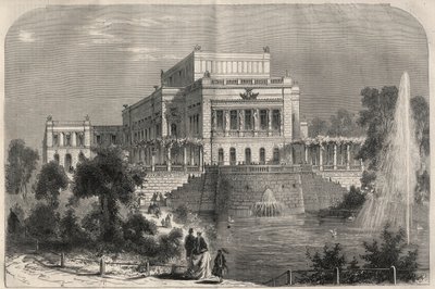 Utvendig utsikt over det nye teatret i Leipzig, Tyskland. Gravering i "" L'Univers illustrious"" av Unknown artist