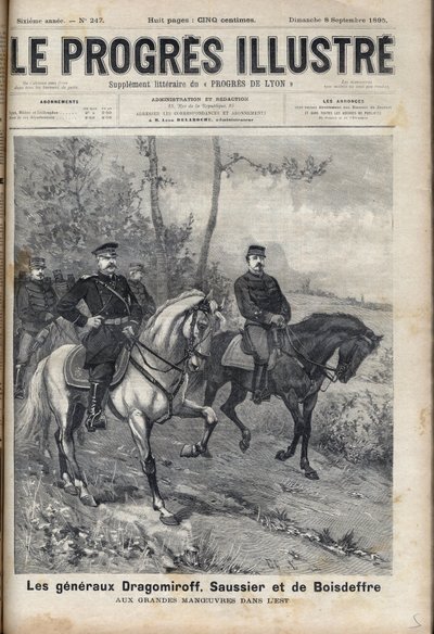 FRANCO-RUSSIAN RELATIONS - French General Saussier and Russian General Dragomirov Mikhail Ivanovich Dragomirov (Michael Ivanovich Dragomiroff) (1830-1905) and Raoul Francois Charles Le Mouton de Boisdeffre at the time of the army manoeuvres in the Vosges,  av Unknown artist
