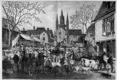 Fair in Brittany on the square of a village. Engraving in “” Le Monde Illustré”” av Unknown artist