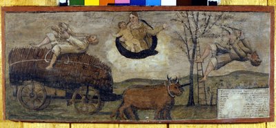 Fall av et tre på en vogn fylt med høy. av Unknown artist