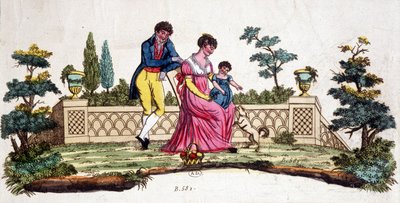 Familie i en park. Gravering tidlig på 1800-tallet. av Unknown artist