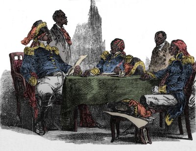 Faustin Soulouque (1782-1867) dit Faustin I, keiser av Haiti fra 1847 til 1859, representert på et møte Gravering fra "Emporio picturesco" 1850 av Unknown artist