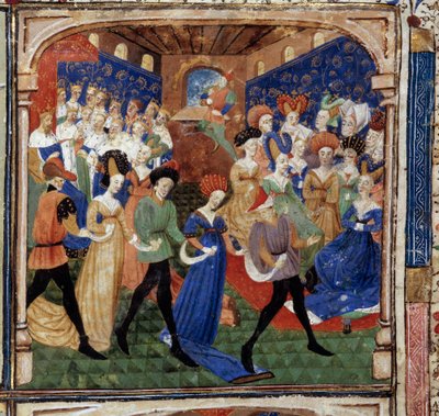 Fest ved hoffet til kong Arthur Dronning Genievre er omgitt av 12 konger. Miniatyr fra manuskriptet “The novel of the Quete of the Grail”” 1450-1460 Dijon. Kommunebibliotek av Unknown artist