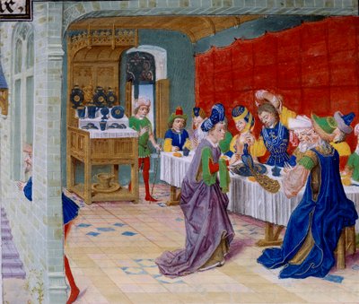 Festmåltid scene, en påfugl serveres på bordet. Miniatyr hentet fra "La Vraye Histoire du Bon Roy Alixandre"" av Callisthenes, eller Kallisthenes (ca. 360-328 f.Kr.) av Unknown artist