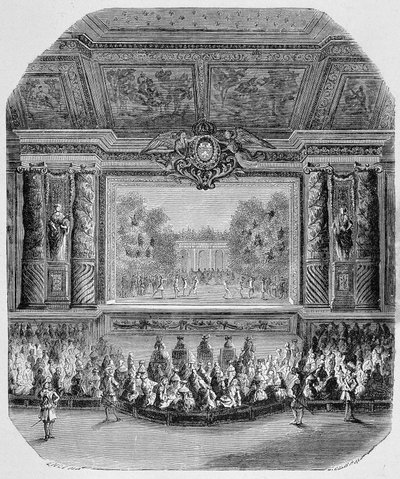 Fete of Louis XIV, av hertugen av Saint Aignan (Komedie i musikk, spilt i parken i Versailles) Gravering av Unknown artist