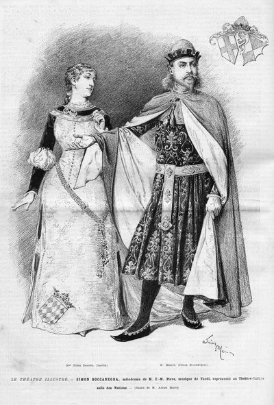 Fides Devries i rollen som Amelia og Victor Maurel (1848 -1923) i Simon Boccanegras eponymopera i tre akter av Giuseppe Verdi, en libretto av Francesco Maria Piave etter et stykke av Antonio Garcia Gutierrez, en representant ved Itali av Unknown artist