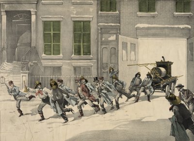Brannmenn avgir nødanrop på brannstedet, akvarell av 1895. USA av Unknown artist
