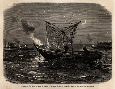 Brannfiske i Yedo Bay (eller Edo, dagens Tokyo), i løpet av natten bærer hver båt en slags grill ved frontlysene, lyset tiltrekker fisk som fanges med et stort garn. Gravering for å illustrere Japan, reisehistorie av Aime Humbert, minister for av Unknown artist