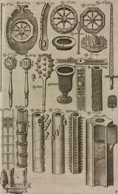 Brannhjul og fyrverkeriutskytningsrør, gravering fra Grand Art d#39;Artillerie, av Casimir Siemienowicz av Unknown artist