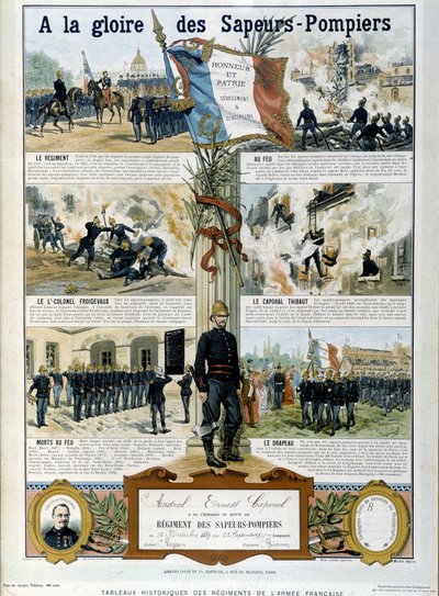 Brannmenn: Til ære for Sapeurs - i "" Historiske malerier av regimentene til den franske hæren"" ca 1890 av Unknown artist
