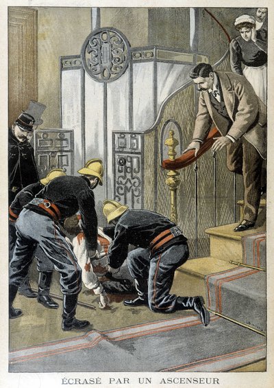 Brannmenn som redder en mann krasjer ved en heis i en parisisk bygning. Illustrasjon av "Little Journal" fra 1899. av Unknown artist