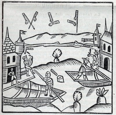 Fireworks and fireworks: Fireworks on water. Reproduction of the engravings of the work of the French Jesuite Jean Leurechon “La recreation mathematiques, ou Interview facetieux sur plusieurs plaisants problemes, en fait d